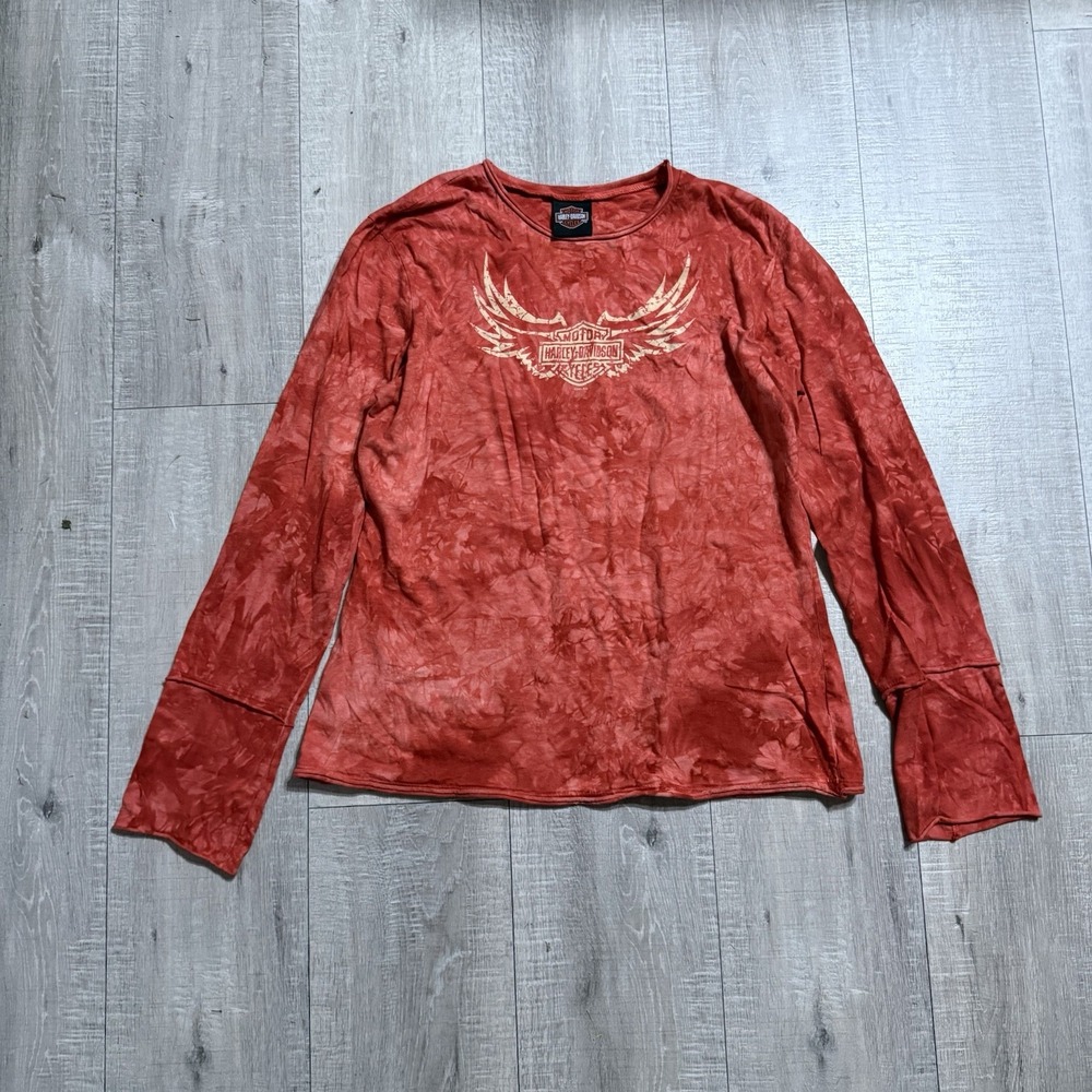 Vintage Y2K Harley Davidson Long Sleeve Shirt Women 2005 Tie Dye Style Size L - Picture 2 of 8